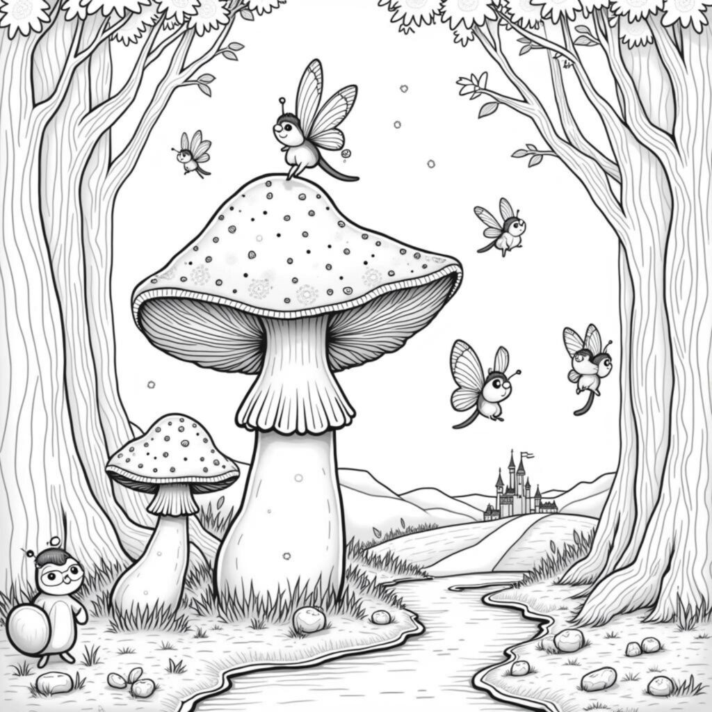 fantasiewald-mit-feen-und-pilzen.jpgcopyright-free-kostenlos-ausmalbild-malvorlage-coloringpage