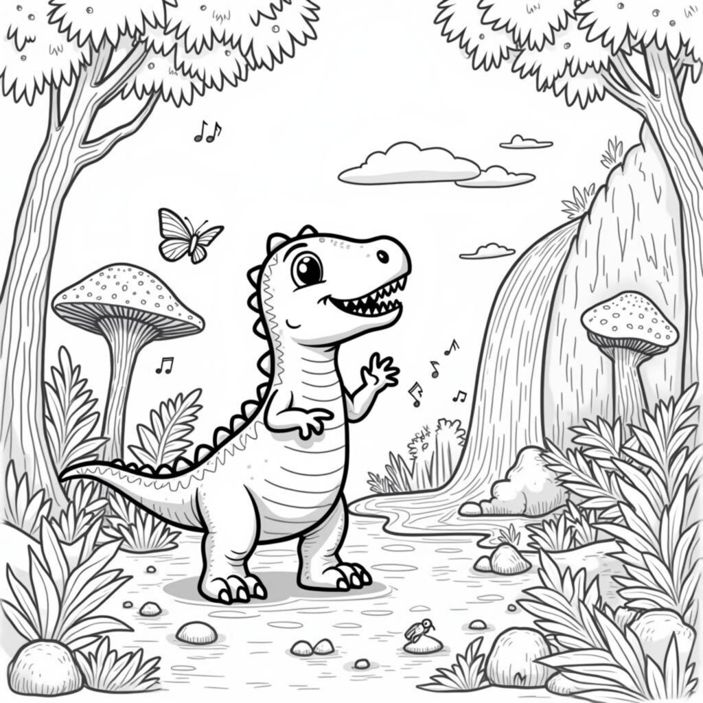 lustiger-kleiner-T-Rex-im-vorzeitlichen-dschungel.jpgcopyright-free-kostenlos-ausmalbild-malvorlage-coloringpage