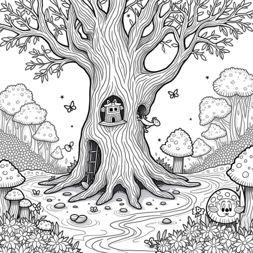 magischer-baum-mit-baumhaus.jpgcopyright-free-kostenlos-ausmalbild-malvorlage-coloringpage