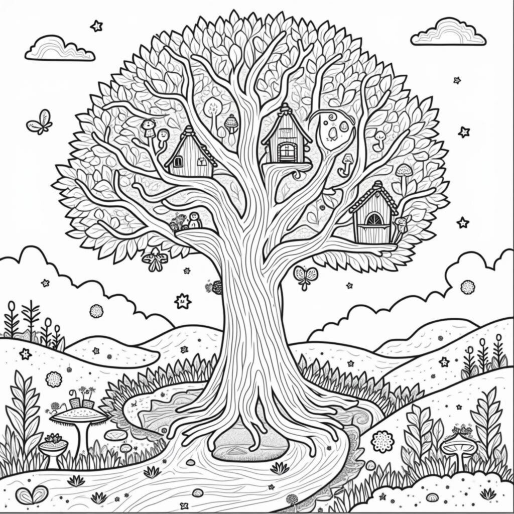 magischer-wald-mit-baumhaeusern.jpgcopyright-free-kostenlos-ausmalbild-malvorlage-coloringpage