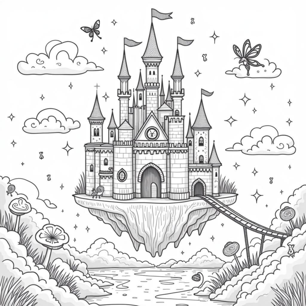 magisches-schloss-auf-inselfluegel.decopyright-free-kostenlos-ausmalbild-malvorlage-coloringpage