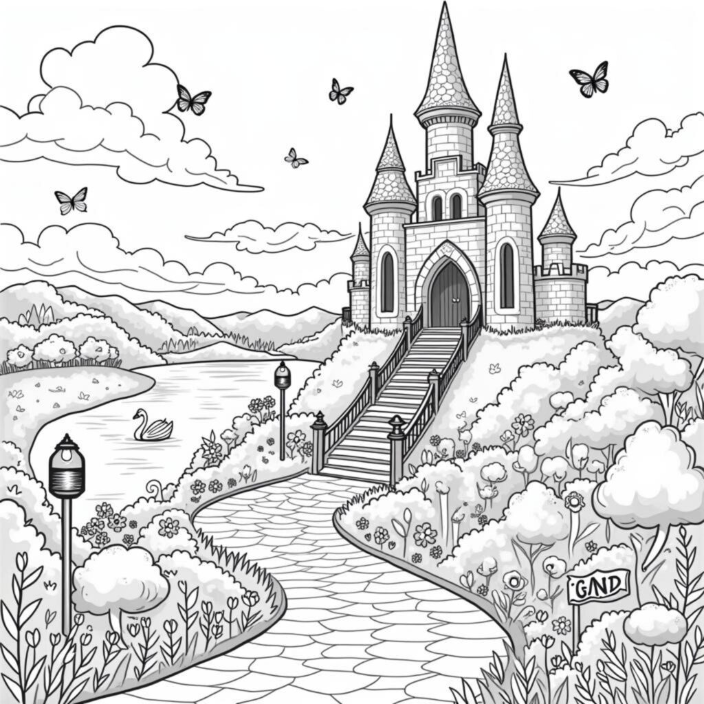 schloss-huegel-mythos-blumen.decopyright-free-kostenlos-ausmalbild-malvorlage-coloringpage