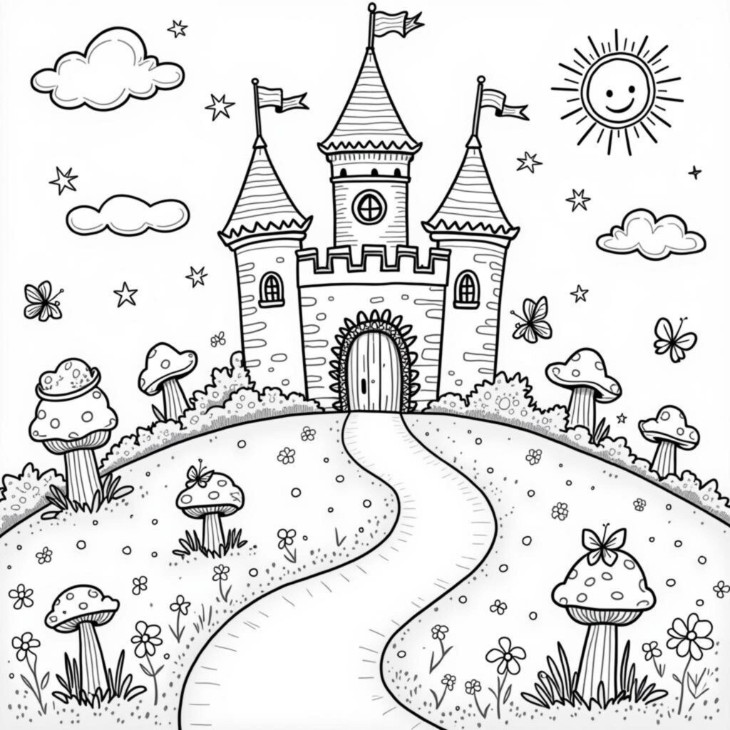 traumhaftes-schloss-mit-tuerme-und-blumen.jpgcopyright-free-kostenlos-ausmalbild-malvorlage-coloringpage