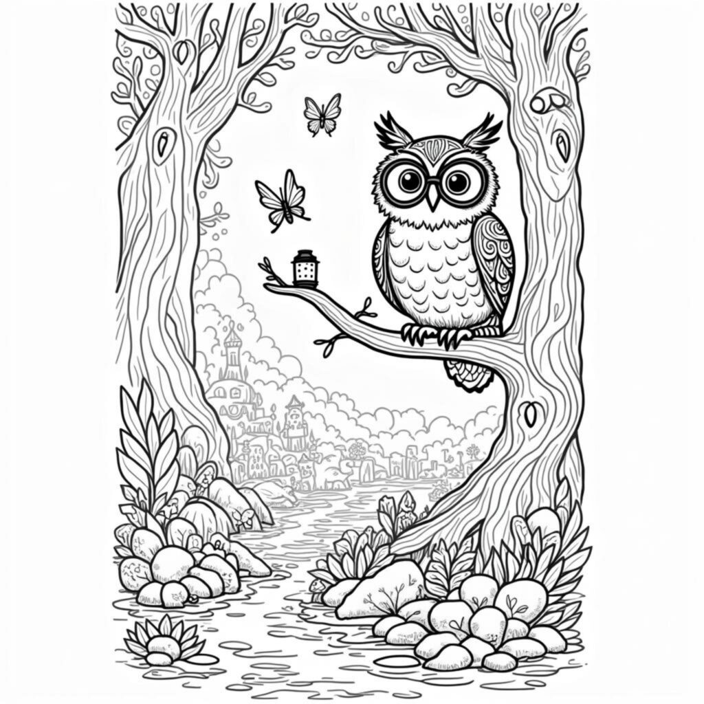 weise-eule-mit-buch-in-magischem-wald.jpgcopyright-free-kostenlos-ausmalbild-malvorlage-coloringpage