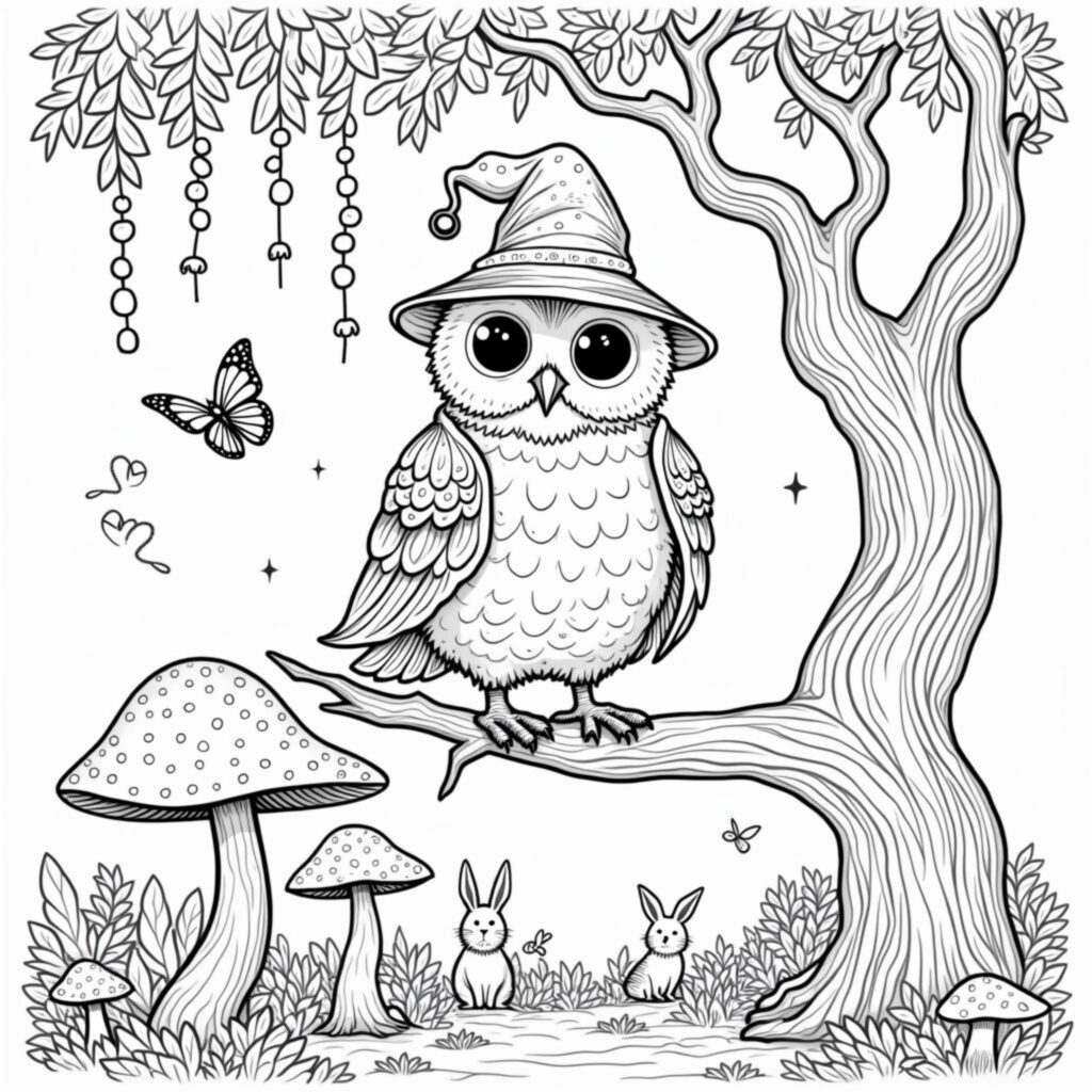 weise-eule-mit-hut-im-magischen-wald.jpgcopyright-free-kostenlos-ausmalbild-malvorlage-coloringpage