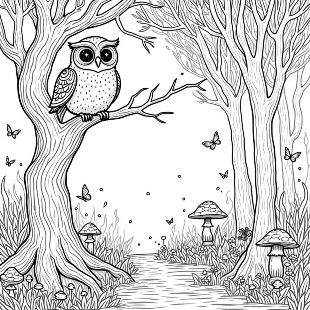 weiser-alter-eule-im-magischen-wald.jpegcopyright-free-kostenlos-ausmalbild-malvorlage-coloringpage