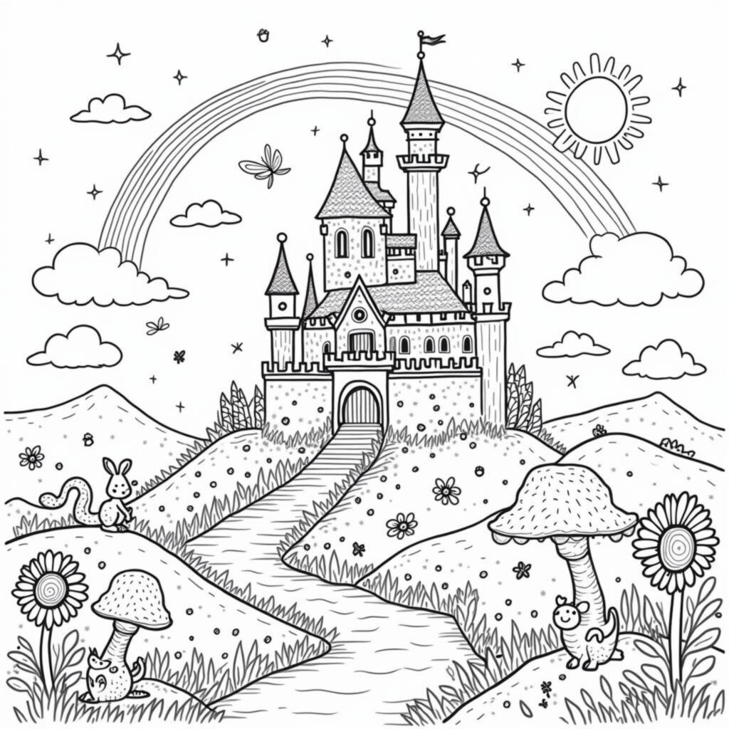 zauberhaftes-schloss-mit-drachen.jpgcopyright-free-kostenlos-ausmalbild-malvorlage-coloringpage