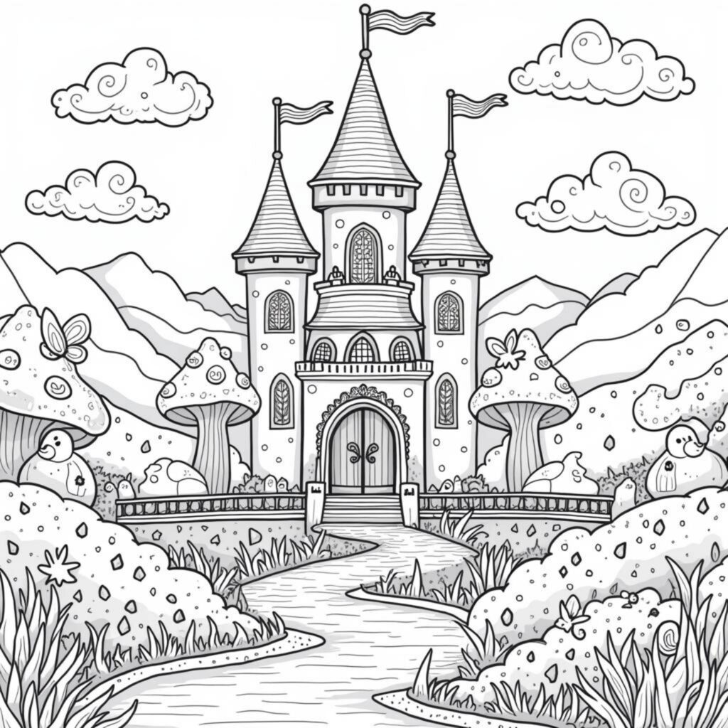 zauberhaftes-schloss-mit-wald-unterwegs.jpgcopyright-free-kostenlos-ausmalbild-malvorlage-coloringpage